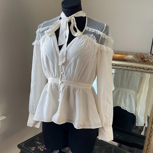 Cinq a Sept Tie-Neck Button-Up V-Neck Silk Peyton Blouse Long Sleeve Sz XS White - Picture 2 of 5